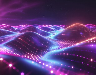 Fototapeta premium Bright neon blue and purple fractal waves glow with futuristic energy in a swirling abstract space background