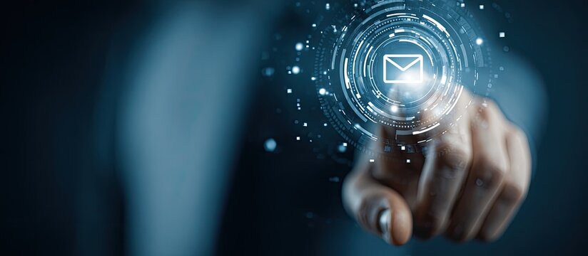 A hand points to a digital email icon. A light, holographic email symbol is projected and hovered over by a fingertip. Dark background