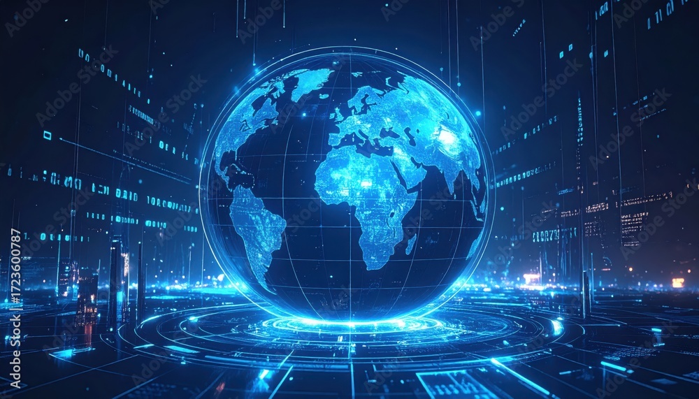 Wall mural global network communication concept with an abstract blue digital background of