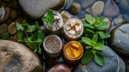 Natural Ingredients in Glass Jars Chia Seeds Mushroom Slices Turmeric Sticks Star Anise Mint Leaves Among Wet River Stones Water Top View Spa Concept