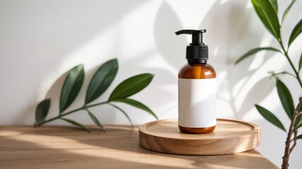 Skincare Mockup Amber Pump Bottle Blank White Label on Wooden Tray Green Leaves Plant Shadows on White Wall Minimalist Natural Cosmetic Product Display