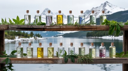 Apothecary Display Infused Herbal Oils Tinctures Clear Glass Bottles Cork Stoppers on Wooden Shelves Overlooking Scenic Lake Snow Capped Mountains Natural