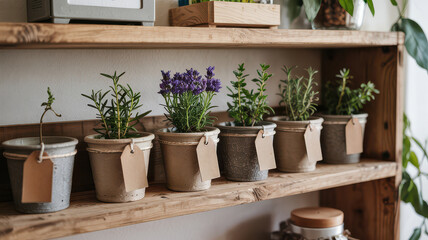 Rustic Home Garden Shelf Display Potted Herbs Rosemary Lavender Thyme in Aged Pots with Twine Bows Kraft Paper Labels Handwritten Names Wooden Shelf