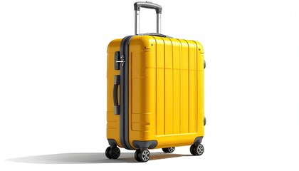 A vibrant yellow carry-on suitcase with dark grey accents, shown against a white background casting a subtle shadow.  It features a retractable handle and inline wheels