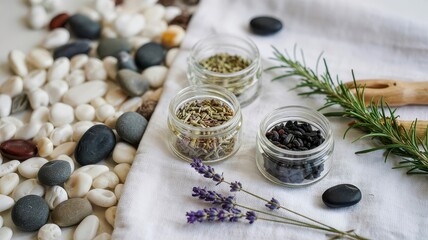 Natural Spa Ingredients Dried Herbs Lavender Rosemary in Glass Jars on White Cloth with Pebbles Fresh Sprigs Wellness Aromatherapy Still Life Scene
