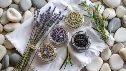 Spa Wellness Flat Lay Dried Lavender Flowers Rosemary Herbs in Glass Jars Bunch Tied with Twine on White Cloth Among Smooth River Stones Top View