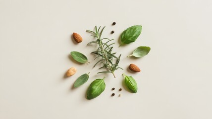 Minimalist Flat Lay Fresh Herbs Rosemary Basil Sage Leaves Almonds Peppercorns Arranged Symmetrically on Light Beige Background Top View Cooking Ingredients