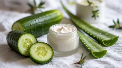 Spa Skincare Scene Open Jar Face Cream Fresh Cucumber Slices Aloe Vera Leaves on White Textured Cloth Background Natural Organic Cosmetic Beauty Product