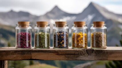 Apothecary Jars Dried Herbs Flowers Colorful Assortment Glass Bottles Cork Lids on Wooden Shelf Against Blurred Mountain Landscape Background Natural Remedies