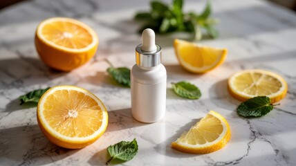 Natural Skincare Mockup White Dropper Bottle Fresh Lemon Slices Mint Leaves on Marble Countertop Bright Sunlight Shadows Cosmetic Serum Essential Oil