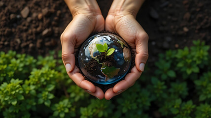 A person's hands gently cradling a glass globe of the earth with a young green seedling sprouting from it, set against a background of soil and plants, symbolizing environmental conservation