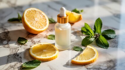 Vitamin C Serum Mockup Frosted White Glass Dropper Bottle with Fresh Lemon Slices Mint Leaves on Marble Surface Sunlight Shadows Skincare Product