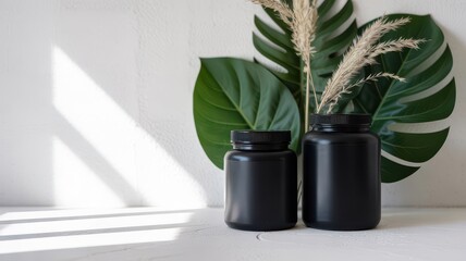 Modern Supplement Cosmetic Mockup Two Matte Black Jars Bottles Different Sizes Monstera Leaf Pampas Grass Shadows on White Textured Wall Background