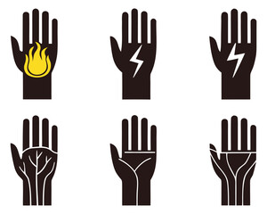 Set of Hand Icons Symbolizing Fire, Electricity, Veins and Anatomy Graphic