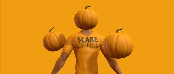 Muscular character holding pumpkins on both hands back view