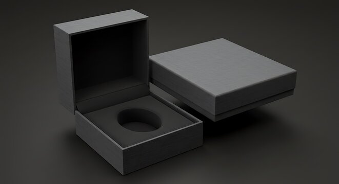 Mockup a dark gray open box with foam insert and a closed box in the background on a dark surface for commercial usage
