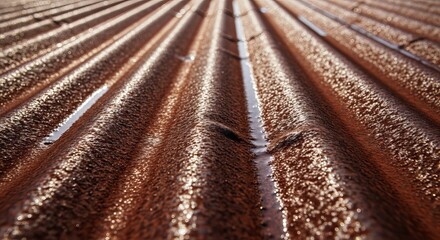 Rustic corrugated metal roof with reflections glistening in the afternoon sun