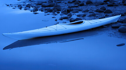 kayak. A kayak rests on the shoreline, reflecting calm blue waters in a serene natural setting. tourism brochures, itinerary planners, designed for travel destination branding.
