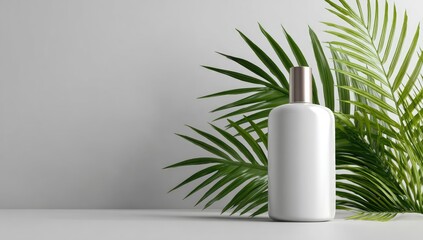 Blank white cosmetic bottle, tropical leaves