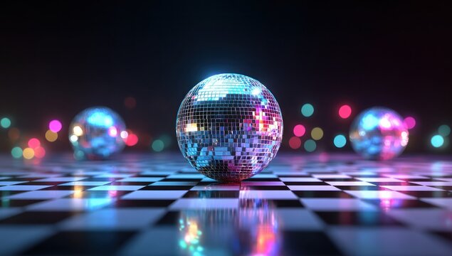 Disco Ball on Checkered Floor with Neon Lights