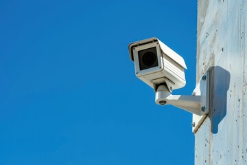 A white security camera mounted on a textured concrete wall against a vibrant blue sky.  The camera is angled slightly downward, suggesting surveillance