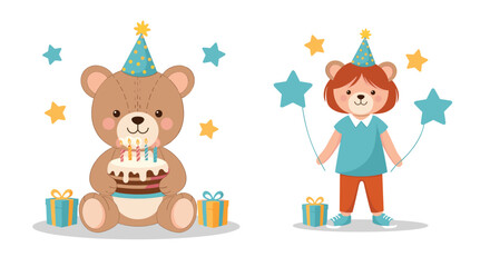 Naklejka premium Adorable teddy bear and a little girl celebrating a special birthday with cake and balloons.