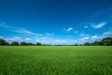 Obraz premium Vast green grassland under a clear blue sky with scattered white clouds
