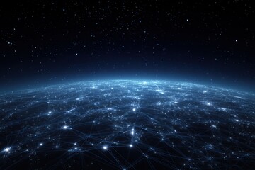 A digital representation of Earth, networked and interconnected.  Vast starry night backdrop
