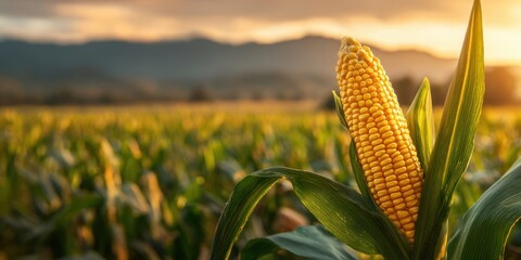 The vibrant corn cob glistens in the golden sunset over the field.