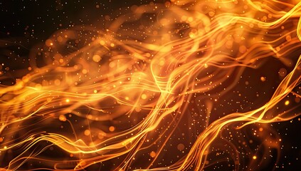 Abstract artwork depicting flowing, luminous orange and gold energy streams against a dark background, interspersed with sparkling particles
