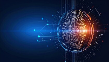 Abstract fingerprint design with digital lines and glowing lights represents future tech security identification on dark blue backdrop exactly 120