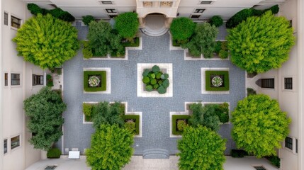 Fototapeta premium Serene Aerial View of a Lush Courtyard Surrounded by Greenery and Symmetrical Landscaping Design