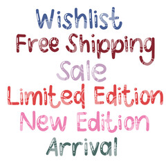 Colorful E-commerce Text Labels &ndash; Sale, Free Shipping, Limited Edition, New Arrival, Wishlist Colorful Perfect for Clothes Shop