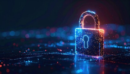 Digital padlock glows amidst blurred lights symbolizing cybersecurity and secure data protection in a connected technological world concept.