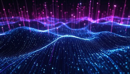 Abstract network data flow shows digital connectivity and information transfer in modern technology with blue and pink glowing particles lines.