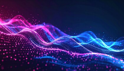 Glowing particle waves flow dynamically across the dark background, creating a mesmerizing digital landscape with shades of blue and purple hues.