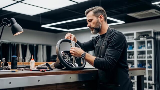 A skilled craftsman wrapping a car steering wheel with leather in an auto upholstery workshop, industry footage.