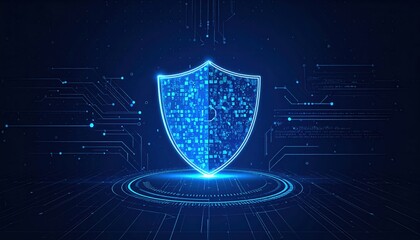 Digital shield glowing brightly as a symbol of cybersecurity, protecting data with advanced technology and electronic circuit connections.