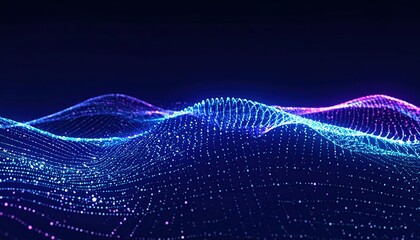 Abstract glowing blue and purple particle wave undulates in a seamless flow, representing data and future technology beautifully.