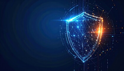 Luminous digital shield design represents advanced cyber security and data protection against online threats on a dark blue gradient background.