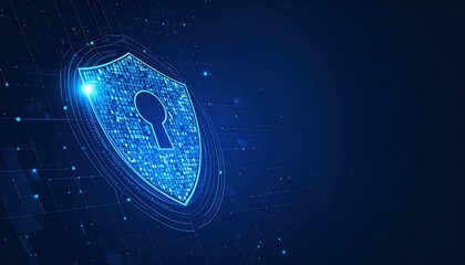 Digital shield with keyhole symbolizes cybersecurity and data protection against cyber threats on dark blue background, representing security systems.