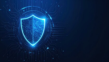 An intricate glowing blue shield symbol represents secure network protection with circuit board details in digital space over dark blue background.