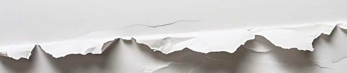 Abstract close-up of a torn piece of white paper, showcasing an uneven, jagged edge against a smooth background. The texture and lighting emphasize the paper's fragility and the irregular tear