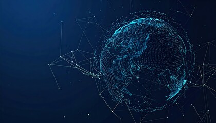 Digital globe shows global network connections with data nodes interconnected with white lines and dots on a dark blue gradient background.
