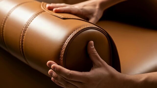 Man checks smooth brown leather upholstery on a luxury furniture item, showcasing craftsmanship and quality footage