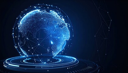 A glowing digital Earth with connected nodes illustrates global technology networks and worldwide communication in a dark blue environment.
