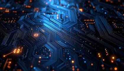 Intricate network of illuminated blue and orange circuits on a futuristic motherboard showcase advanced technology in hardware design.