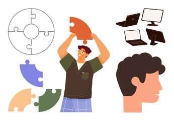 Person holding puzzle piece near incomplete puzzle, various digital devices, and human profile. Ideal for innovation, teamwork, connectivity, creativity, personal growth, problem-solving simple flat