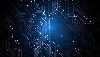 An intricate network of glowing blue digital circuits conveys advanced technology and the flow of information in a dark electronic landscape.