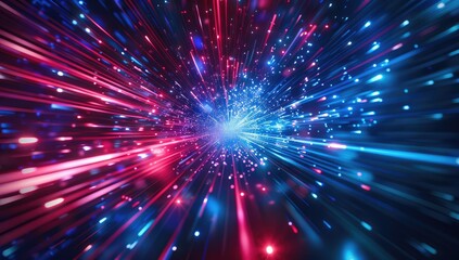Abstract digital art depicting a vibrant, high-speed light burst effect with radiating streaks of blue and red light against a dark background, creating a sense of movement and energy